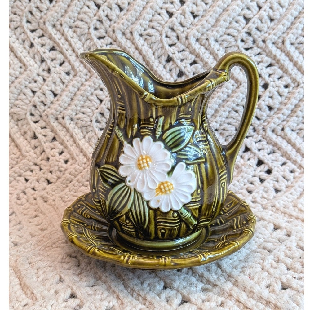 Vintage Japan Olive Green Bamboo Ceramic Creamer Saucer Set Daisy‎ Dragonfly